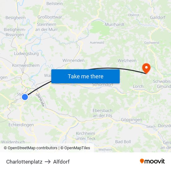 Charlottenplatz to Alfdorf map