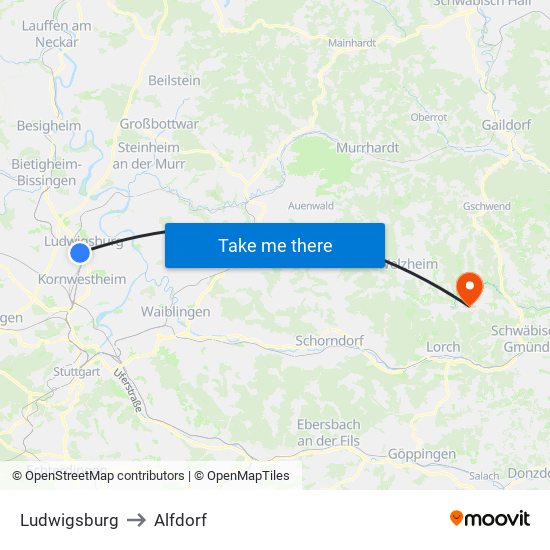 Ludwigsburg to Alfdorf map