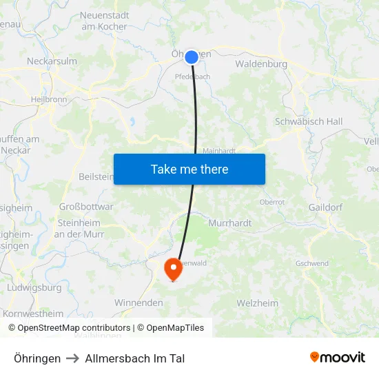 Öhringen to Allmersbach Im Tal map