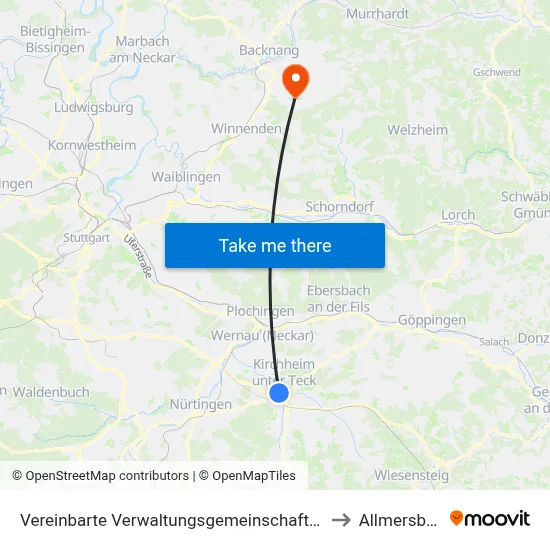 Vereinbarte Verwaltungsgemeinschaft Der Stadt Kirchheim Unter Teck to Allmersbach Im Tal map