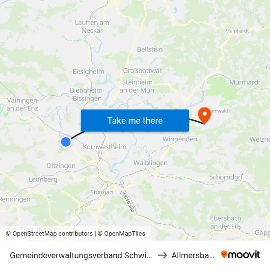 Gemeindeverwaltungsverband Schwieberdingen-Hemmingen to Allmersbach Im Tal map