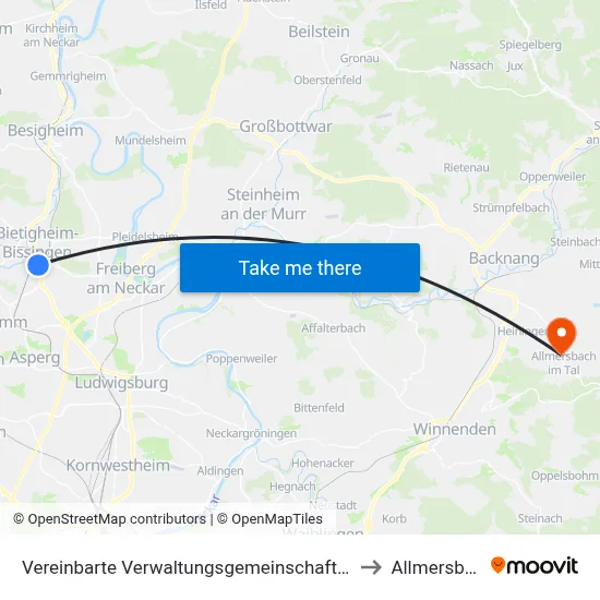Vereinbarte Verwaltungsgemeinschaft Der Stadt Bietigheim-Bissingen to Allmersbach Im Tal map