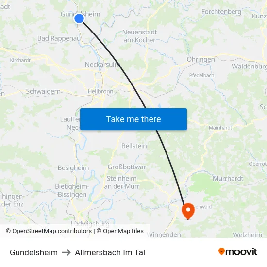 Gundelsheim to Allmersbach Im Tal map