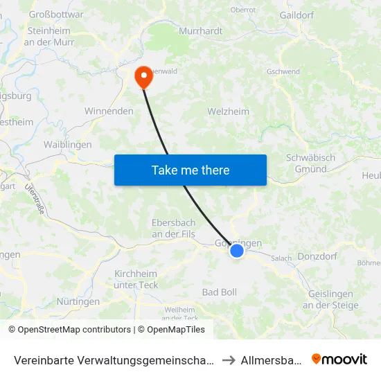 Vereinbarte Verwaltungsgemeinschaft Der Stadt Göppingen to Allmersbach Im Tal map