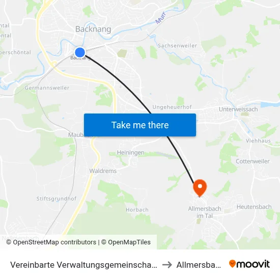 Vereinbarte Verwaltungsgemeinschaft Der Stadt Backnang to Allmersbach Im Tal map