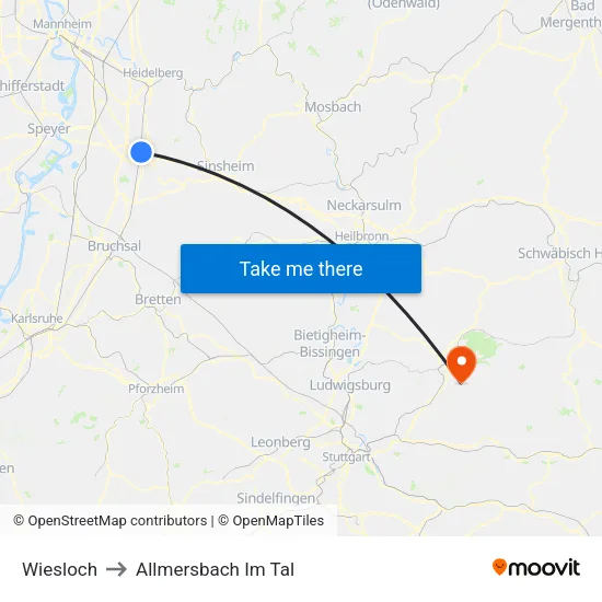 Wiesloch to Allmersbach Im Tal map