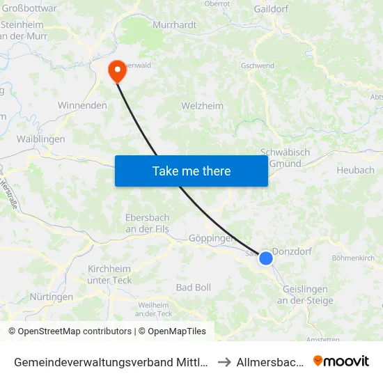 Gemeindeverwaltungsverband Mittleres Fils-Lautertal to Allmersbach Im Tal map