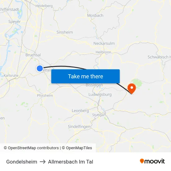 Gondelsheim to Allmersbach Im Tal map
