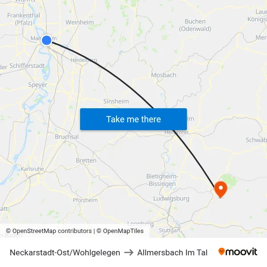 Neckarstadt-Ost/Wohlgelegen to Allmersbach Im Tal map