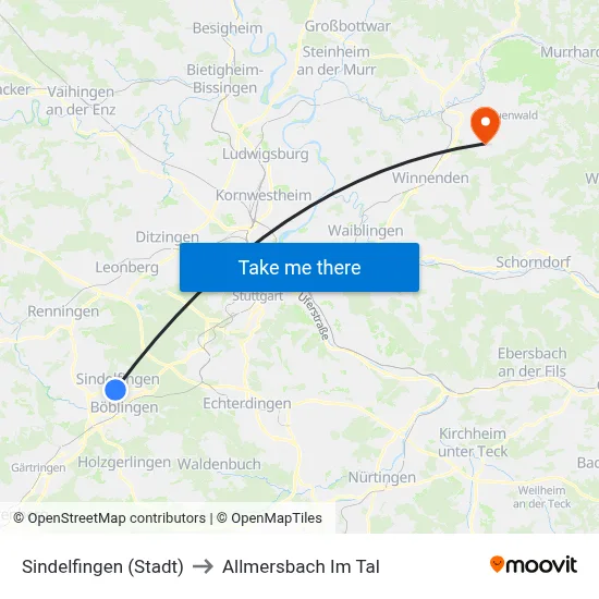 Sindelfingen (Stadt) to Allmersbach Im Tal map