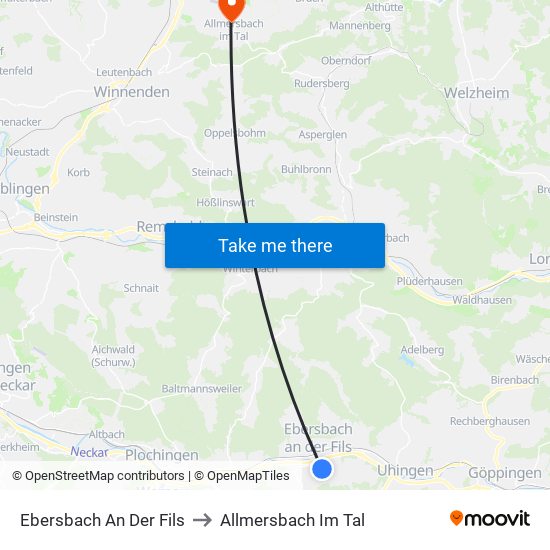 Ebersbach An Der Fils to Allmersbach Im Tal map