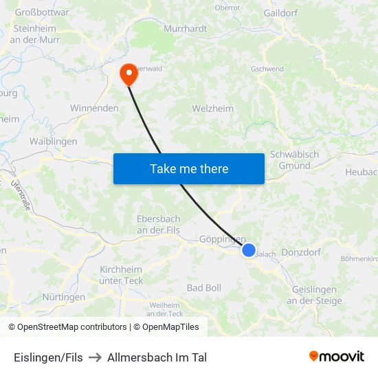 Eislingen/Fils to Allmersbach Im Tal map