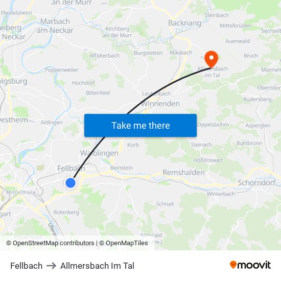 Fellbach to Allmersbach Im Tal map
