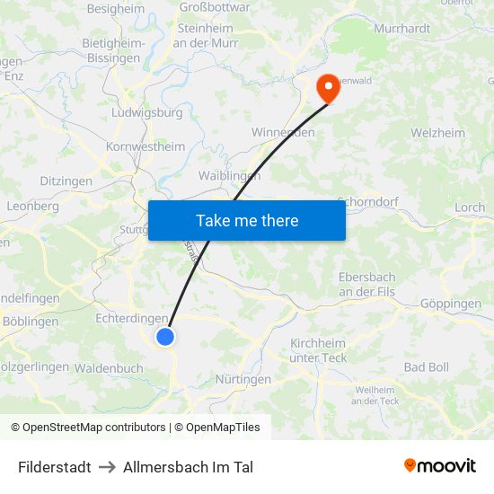 Filderstadt to Allmersbach Im Tal map