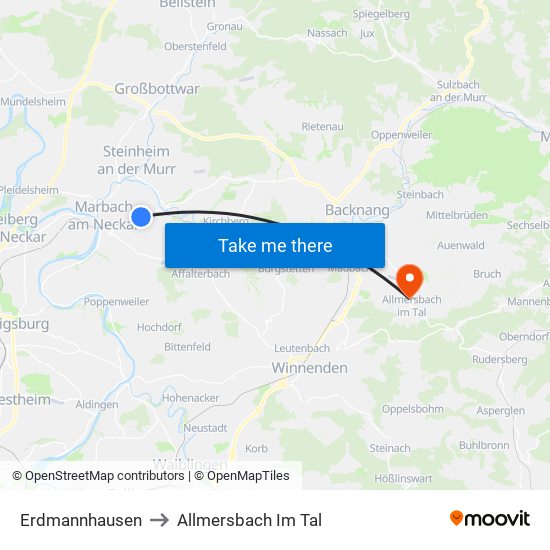 Erdmannhausen to Allmersbach Im Tal map