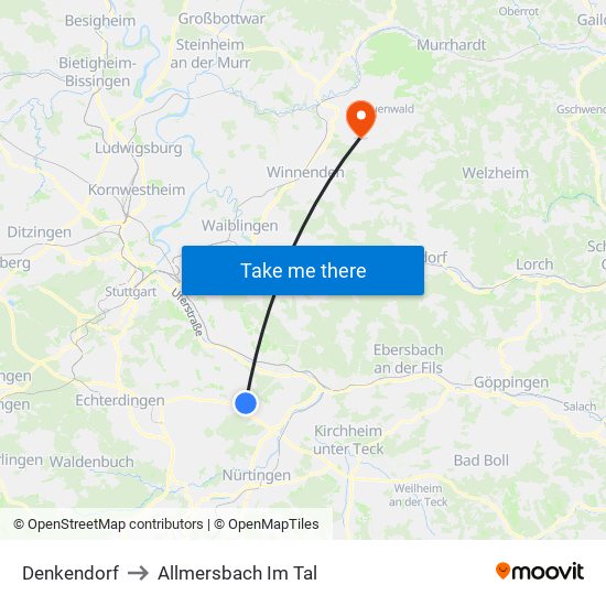 Denkendorf to Allmersbach Im Tal map