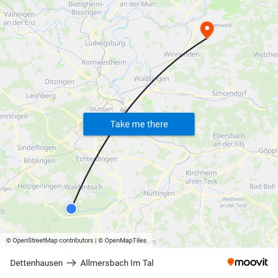 Dettenhausen to Allmersbach Im Tal map