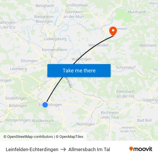 Leinfelden-Echterdingen to Allmersbach Im Tal map