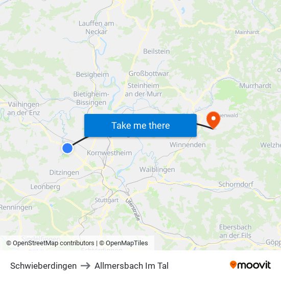 Schwieberdingen to Allmersbach Im Tal map
