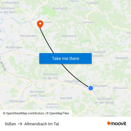 Süßen to Allmersbach Im Tal map