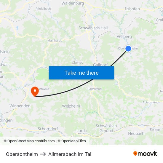 Obersontheim to Allmersbach Im Tal map