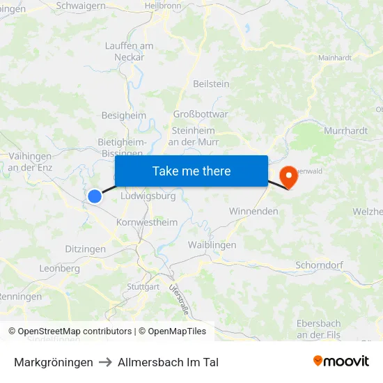 Markgröningen to Allmersbach Im Tal map