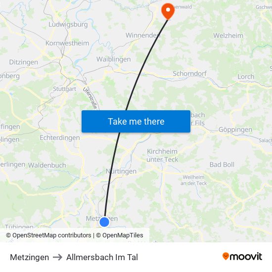 Metzingen to Allmersbach Im Tal map