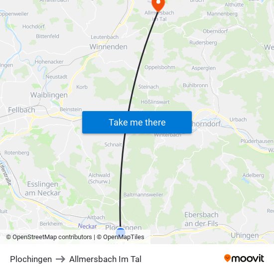 Plochingen to Allmersbach Im Tal map