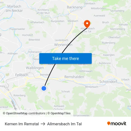 Kernen Im Remstal to Allmersbach Im Tal map