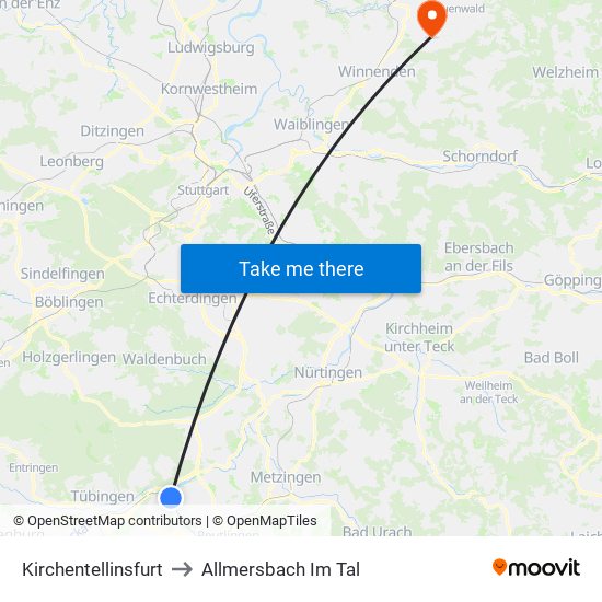 Kirchentellinsfurt to Allmersbach Im Tal map