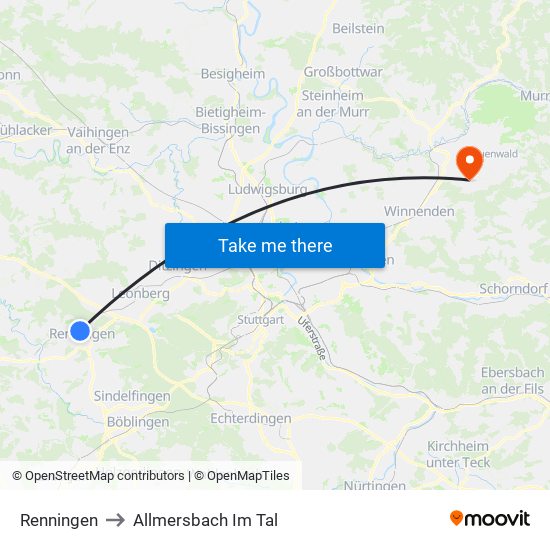 Renningen to Allmersbach Im Tal map