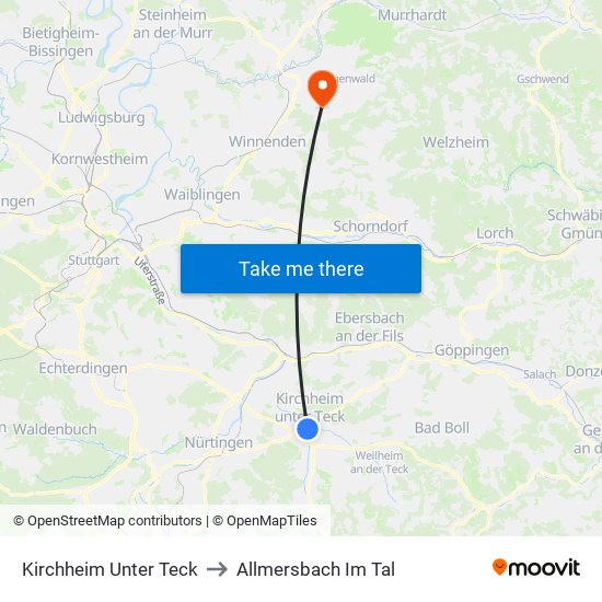 Kirchheim Unter Teck to Allmersbach Im Tal map