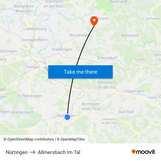 Nürtingen to Allmersbach Im Tal map