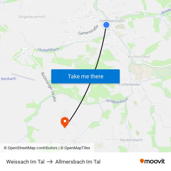 Weissach Im Tal to Allmersbach Im Tal map