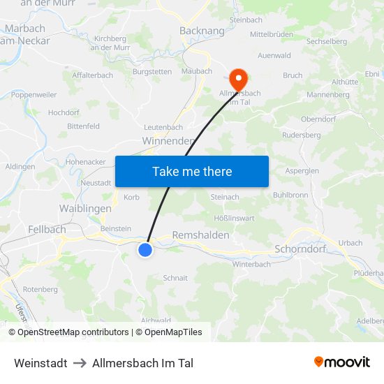 Weinstadt to Allmersbach Im Tal map