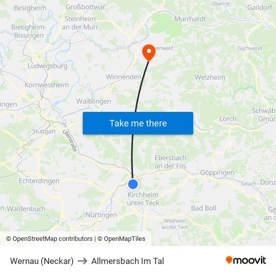 Wernau (Neckar) to Allmersbach Im Tal map