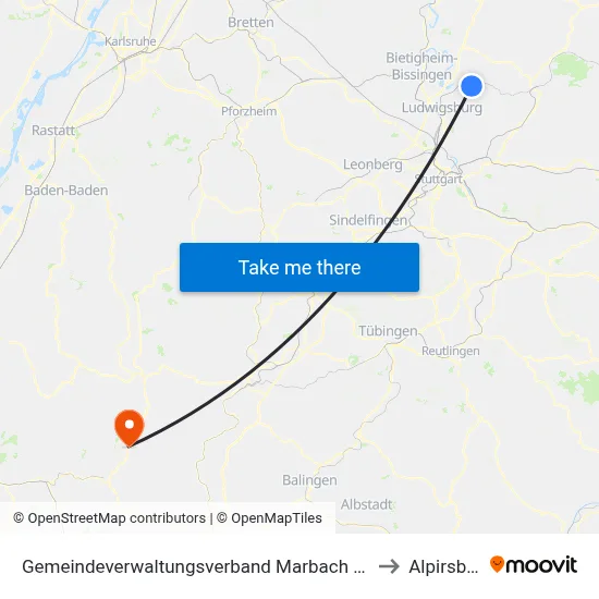Gemeindeverwaltungsverband Marbach am Neckar to Alpirsbach map
