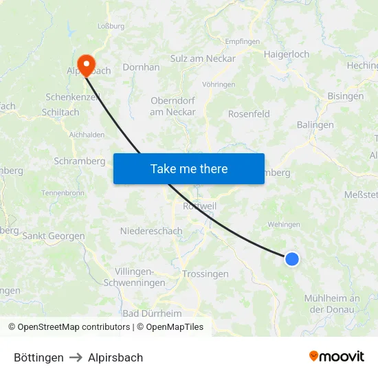 Böttingen to Alpirsbach map