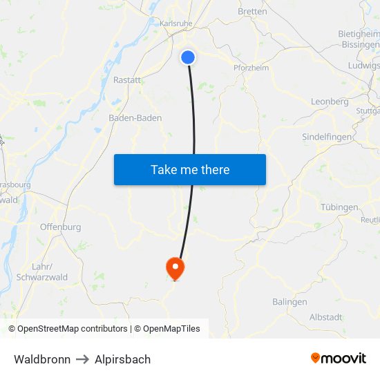 Waldbronn to Alpirsbach map