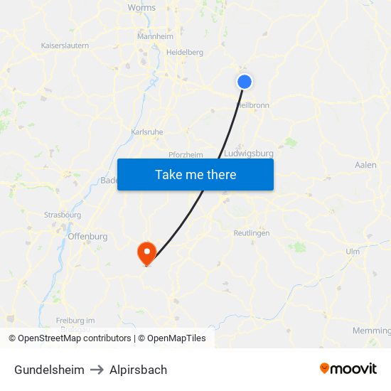 Gundelsheim to Alpirsbach map