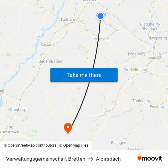 Verwaltungsgemeinschaft Bretten to Alpirsbach map