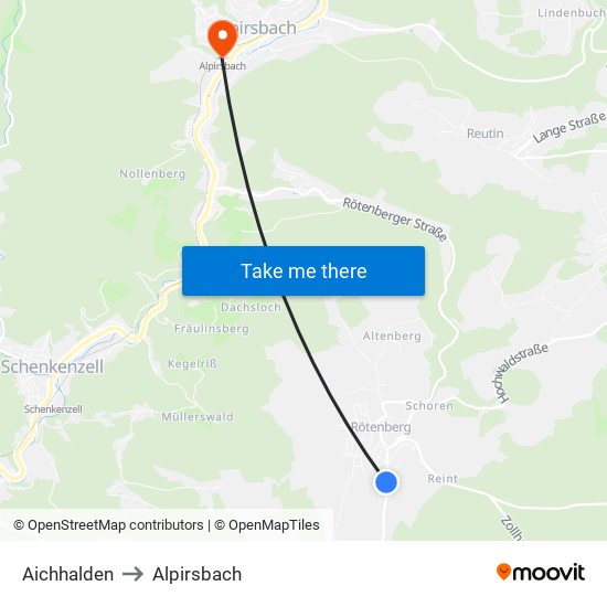 Aichhalden to Alpirsbach map