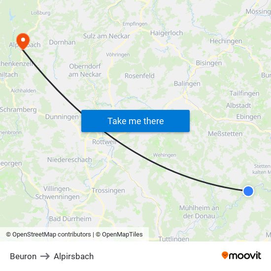 Beuron to Alpirsbach map