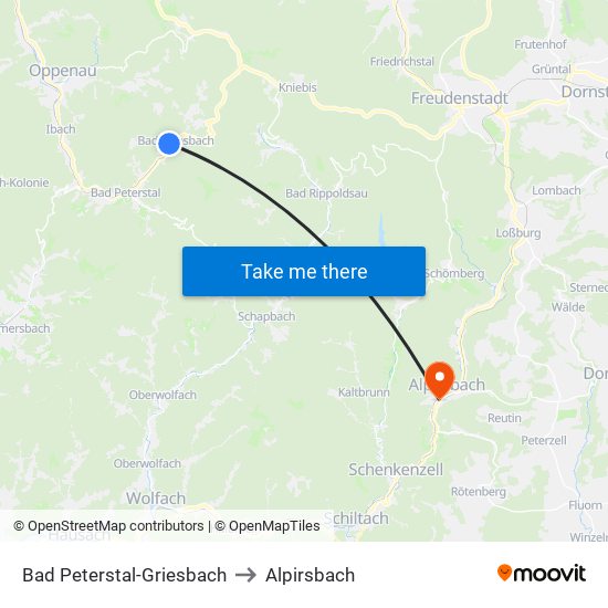 Bad Peterstal-Griesbach to Alpirsbach map