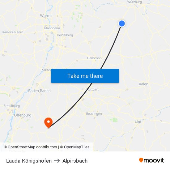 Lauda-Königshofen to Alpirsbach map