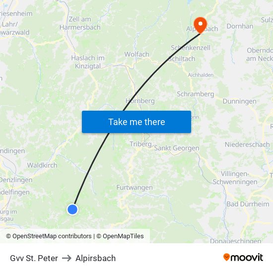 Gvv St. Peter to Alpirsbach map