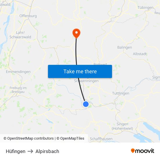 Hüfingen to Alpirsbach map