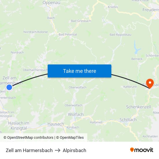 Zell am Harmersbach to Alpirsbach map