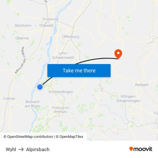 Wyhl to Alpirsbach map