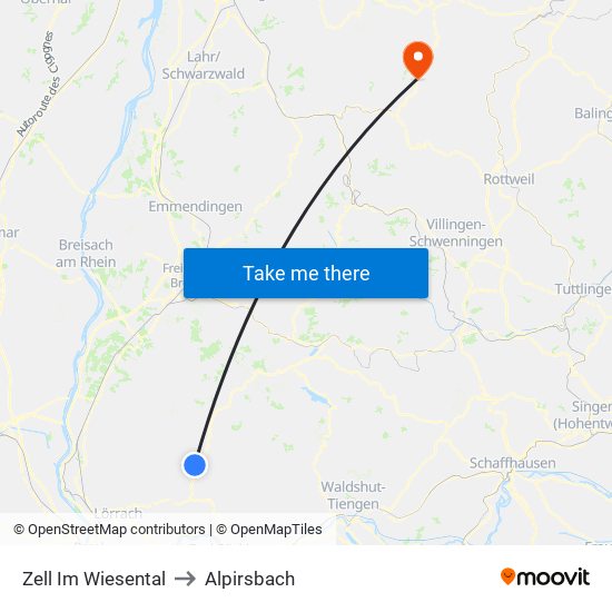 Zell Im Wiesental to Alpirsbach map